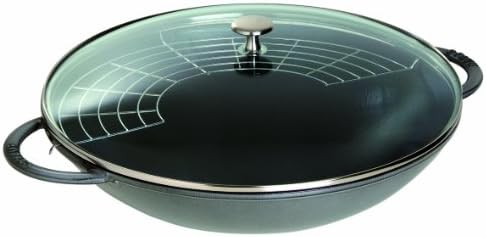 Large gray enameled cast iron wok