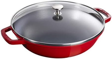 Cherry red cast iron wok with glass lid