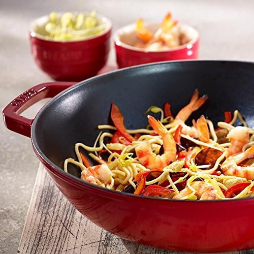 Cherry red cast iron wok with glass lid — photo 3