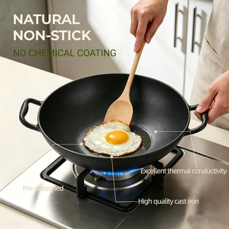 Cast iron dual handle flat bottom wok — photo 4