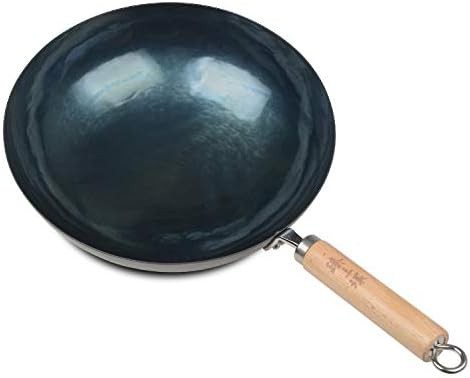 Blue iron wok with wooden handle 32cm