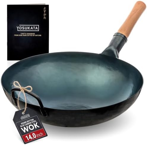 Blue carbon steel round bottom wok 14 in