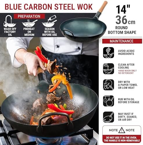 Blue carbon steel round bottom wok 14 in — photo 3