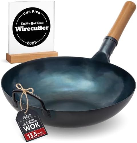 Blue flat bottom carbon steel wok 13.5