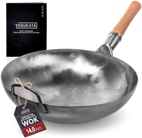 Silver hand hammered round bottom wok 14 in
