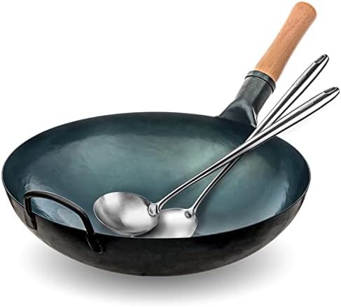 Blue round bottom wok with spatula 14 in