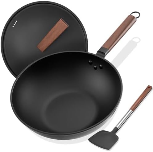 Pre-seasoned flat bottom wok with spatula