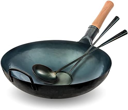 Blue round bottom wok with utensil kit 14 in