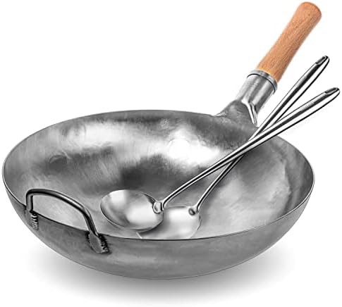 Non seasoned round bottom wok with spatula 14 in