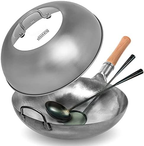 Silver round bottom wok with blue tools 14 in