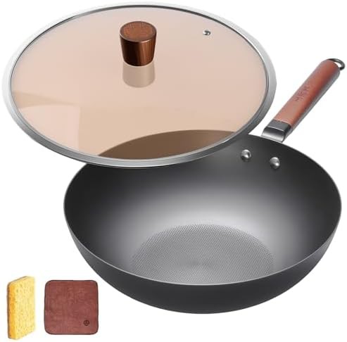 Chinese iron wok with wooden handle