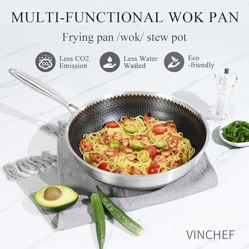 Stainless steel wok pan with glass lid 12 inch — photo 3