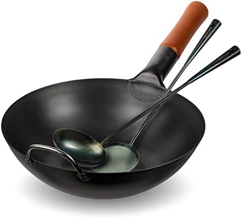 Blue carbon steel wok with utensils 11.8 in