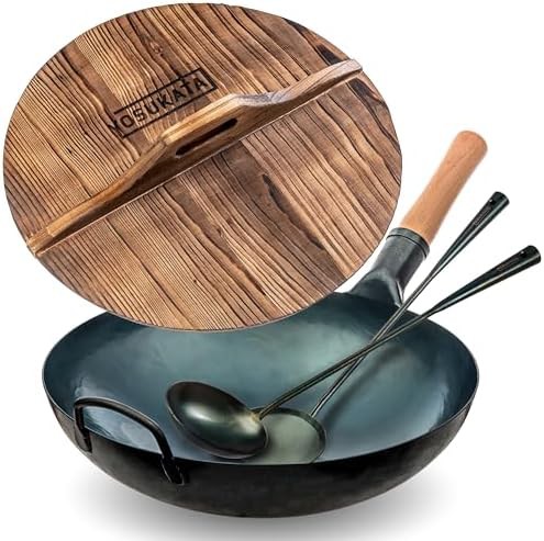 Blue round bottom wok with blue utensils 14 in
