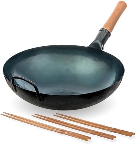 Blue round bottom wok with wooden chopsticks