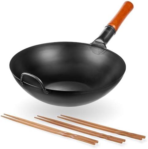 Flat bottom wok with wooden chopsticks 13.5 in