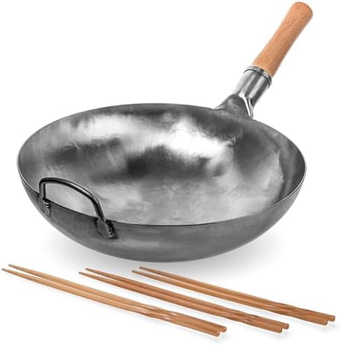 Silver hammered pow wok with wooden chopsticks