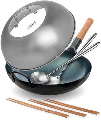 Blue carbon steel wok with lid and chopsticks