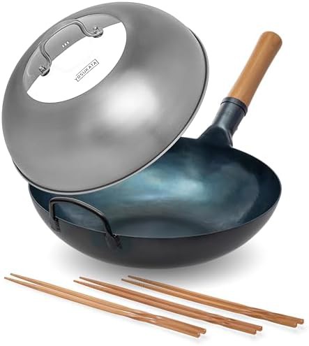 Blue flat bottom wok with lid and sticks