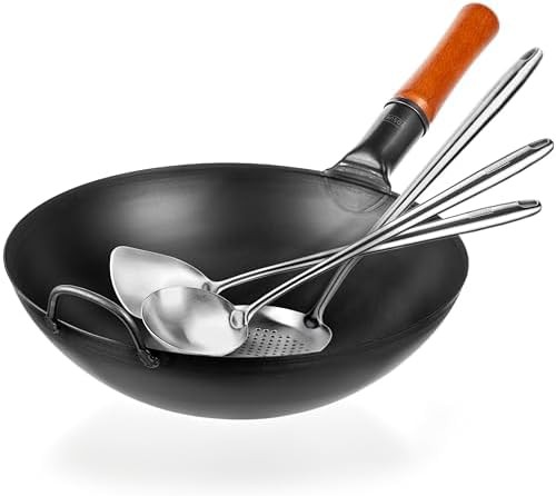Carbon steel flat bottom wok with skimmer