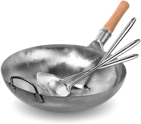 Silver round bottom wok with utensil set