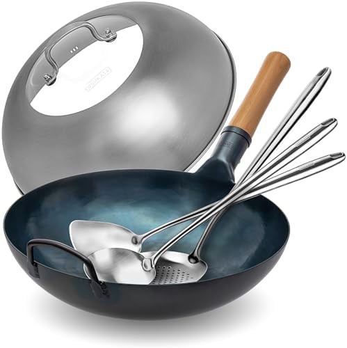 Blue flat bottom wok with skimmer 13.5 in