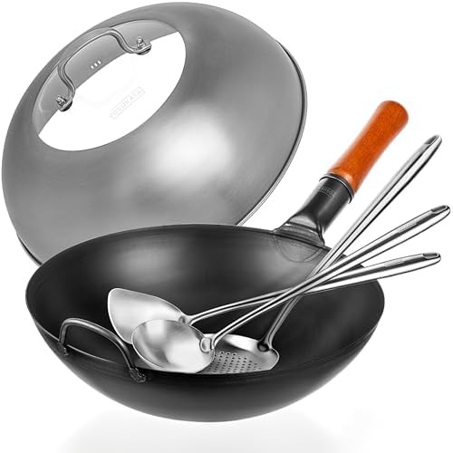 Carbon steel wok with lid and skimmer 13.5 in