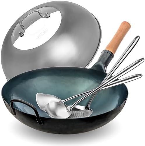 Blue round bottom wok with skimmer and lid