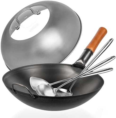 Carbon steel wok with skimmer and lid