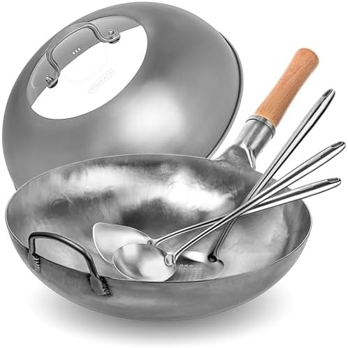 Silver round bottom wok with skimmer and lid