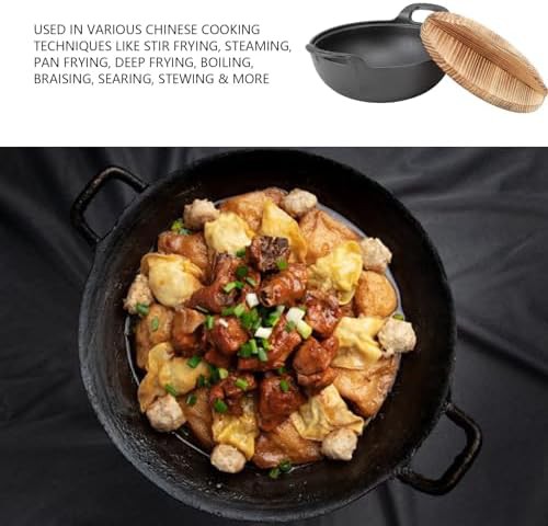 Cast iron flat bottom wok with wooden lid 20cm — photo 5