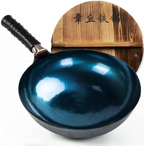 Carbon steel round bottom wok with rubber handle