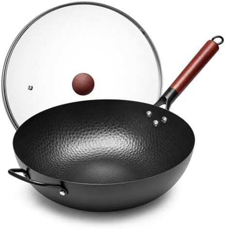 Flat bottom carbon steel wok with lid