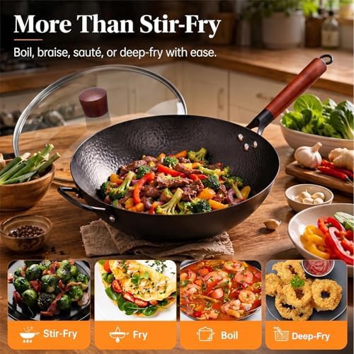 Flat bottom carbon steel wok with lid — photo 5