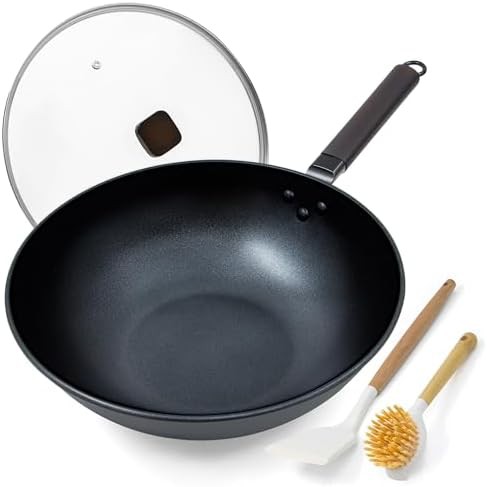 Black flat bottom carbon steel stir fry pan