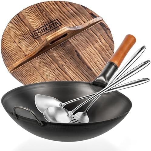 Round bottom wok with wooden lid 14 in
