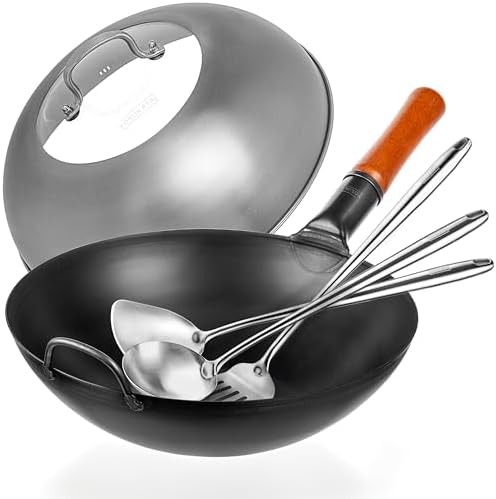 Flat bottom wok with stainless lid 13.5 in