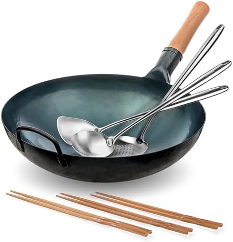 Blue round bottom wok with utensils 14 in
