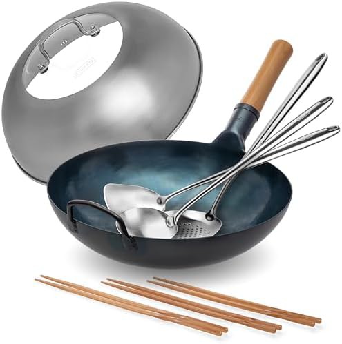 Pre-seasoned flat bottom wok with skimmer 13.5 in