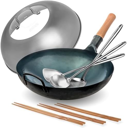 Blue round bottom wok with skimmer 14 in