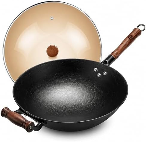 Round bottom cast iron wok with glass lid