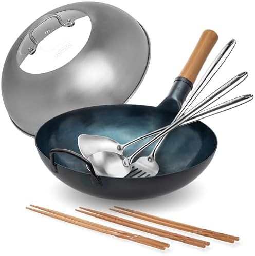 Pre-seasoned blue flat bottom wok with lid