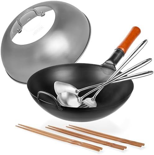 Carbon steel wok with lid and tools 13.5 in