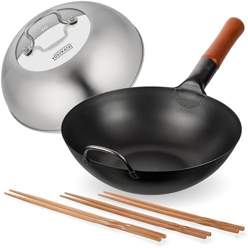 Carbon steel stir fry wok with wooden chopsticks