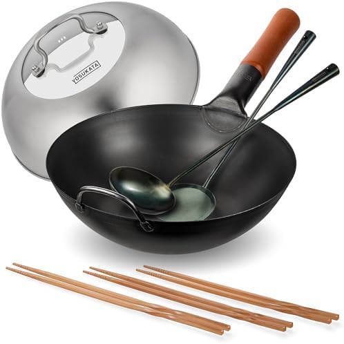 Flat bottom wok with lid and utensils 11.8 in
