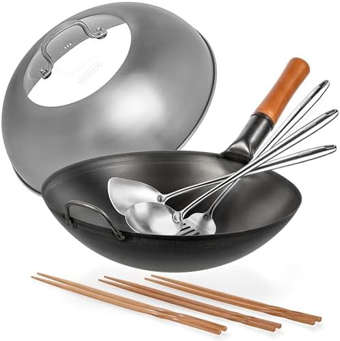 Carbon steel wok pan with chopsticks 14 in