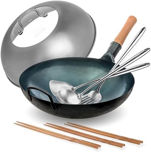 Blue round bottom wok with lid 14 in