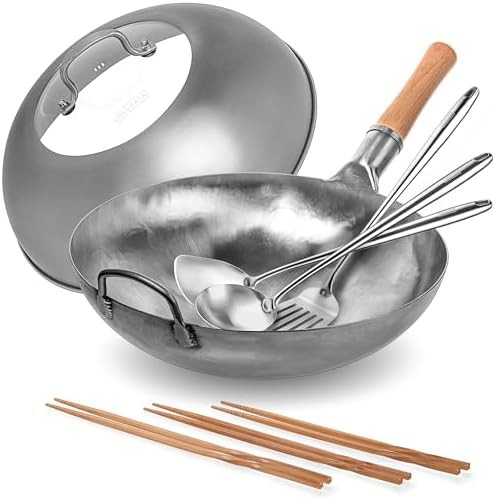 Carbon steel wok with lid and utensils 14 in