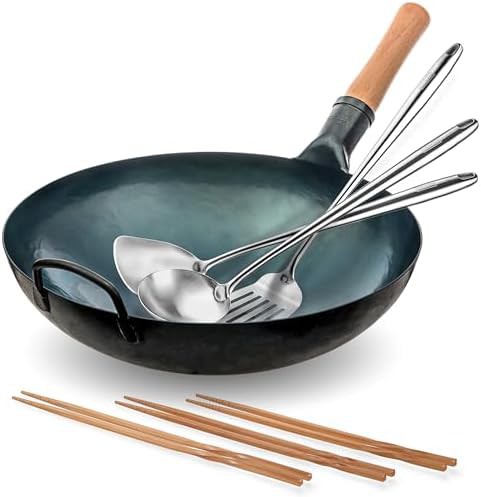 Pre-seasoned carbon steel wok with utensils 14 in