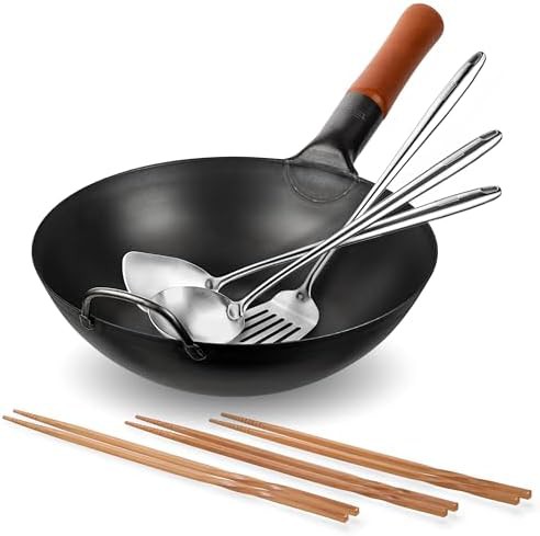 Pre-seasoned flat bottom wok with turner 11.8 in